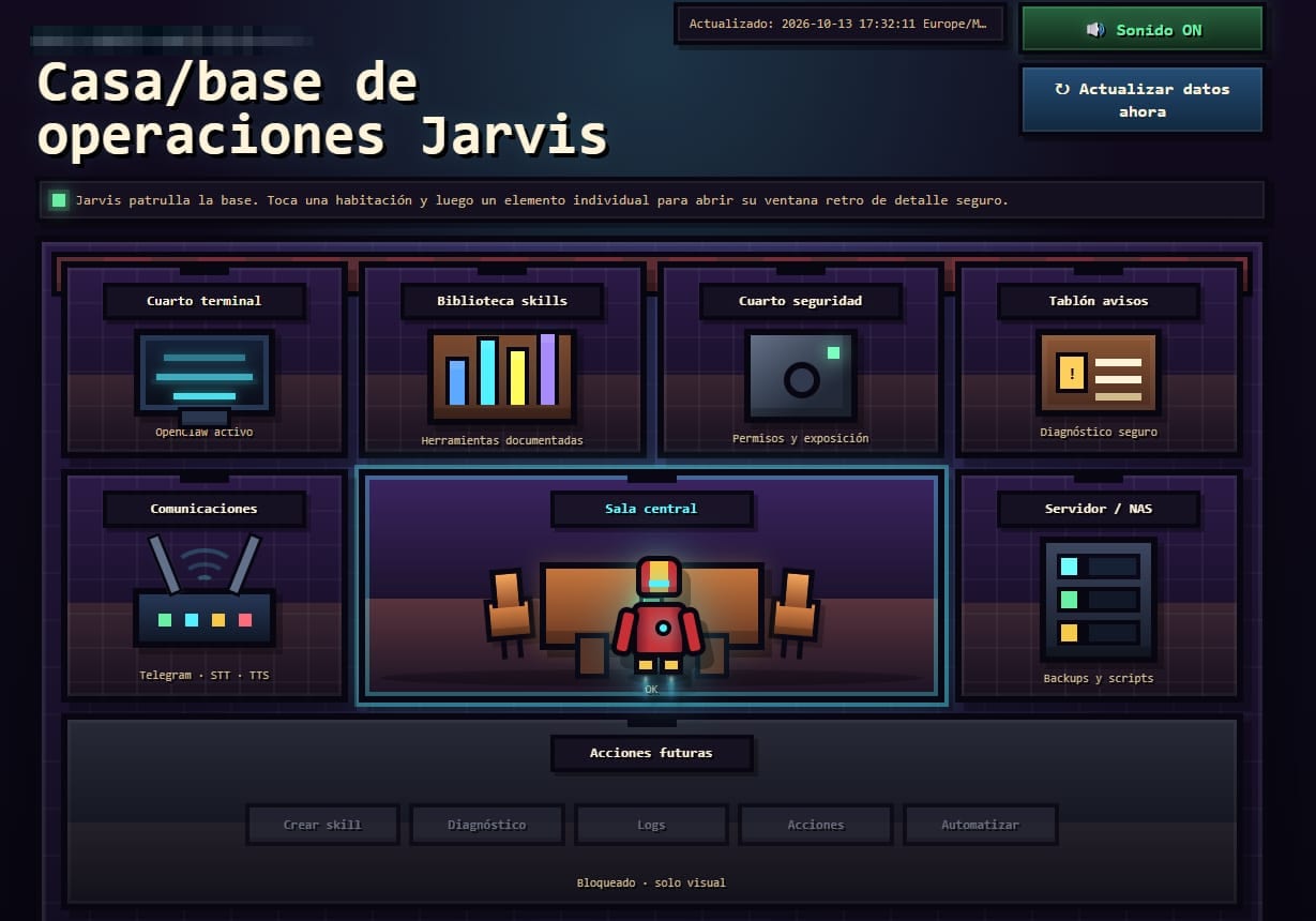 Portada del Jarvis Control Center: una casa en pixel art con habitaciones para terminal, biblioteca de skills, seguridad, avisos, comunicaciones, servidor y sala central