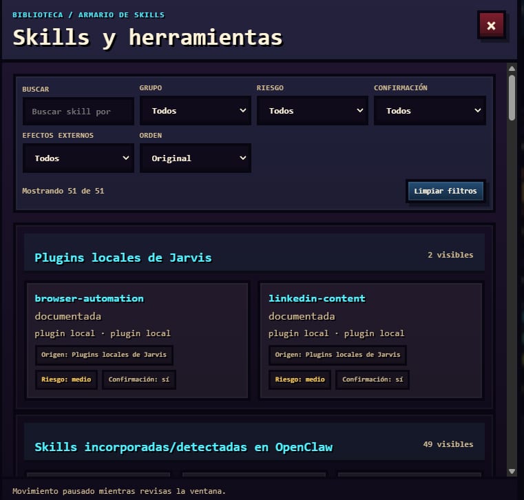 Captura de «Biblioteca de skills» en el Jarvis Control Center, con los datos sensibles pixelados