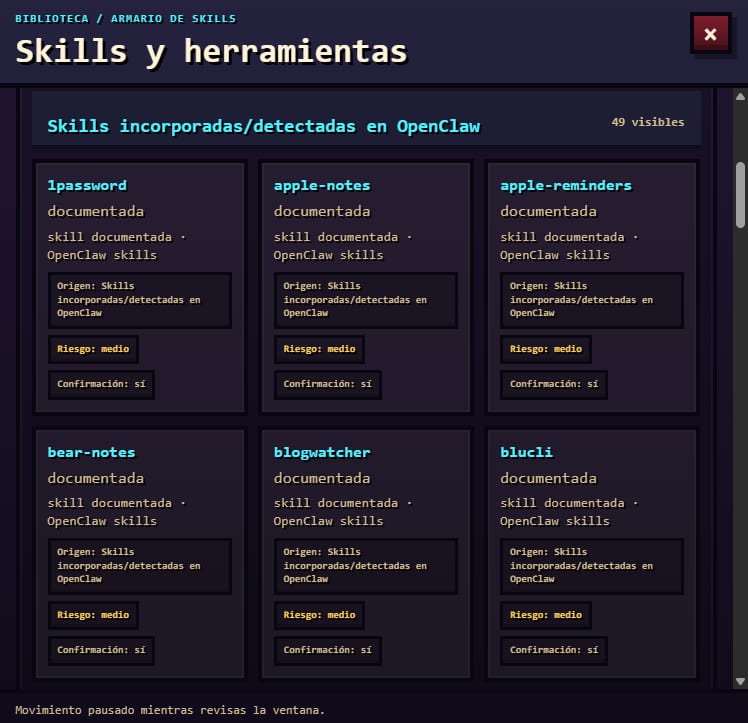 Captura de «Biblioteca de skills» en el Jarvis Control Center, con los datos sensibles pixelados