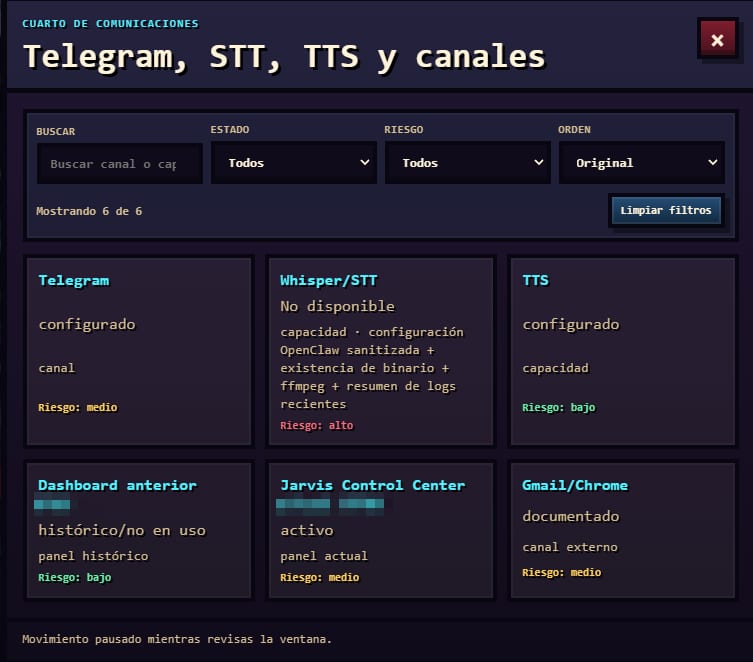 Captura de «Comunicaciones» en el Jarvis Control Center, con los datos sensibles pixelados
