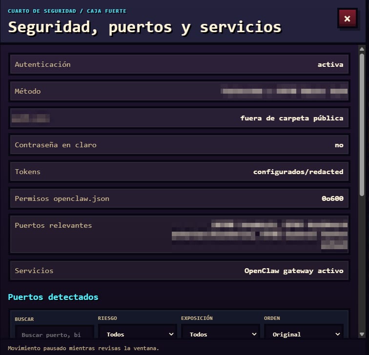 Captura de «Cuarto de seguridad» en el Jarvis Control Center, con los datos sensibles pixelados