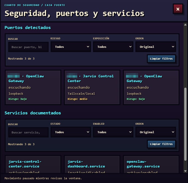 Captura de «Cuarto de seguridad» en el Jarvis Control Center, con los datos sensibles pixelados