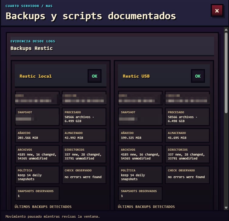 Captura de «Servidor» en el Jarvis Control Center, con los datos sensibles pixelados