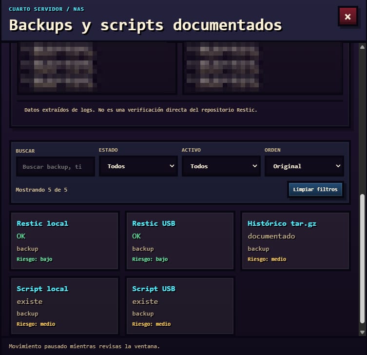 Captura de «Servidor» en el Jarvis Control Center, con los datos sensibles pixelados