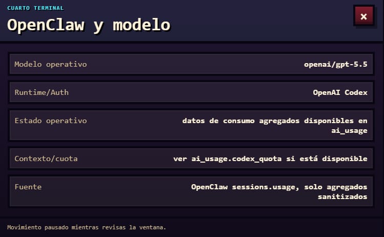Captura de «Cuarto terminal» en el Jarvis Control Center, con los datos sensibles pixelados