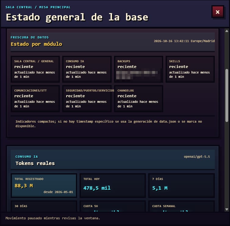 Captura de «Sala central» en el Jarvis Control Center, con los datos sensibles pixelados