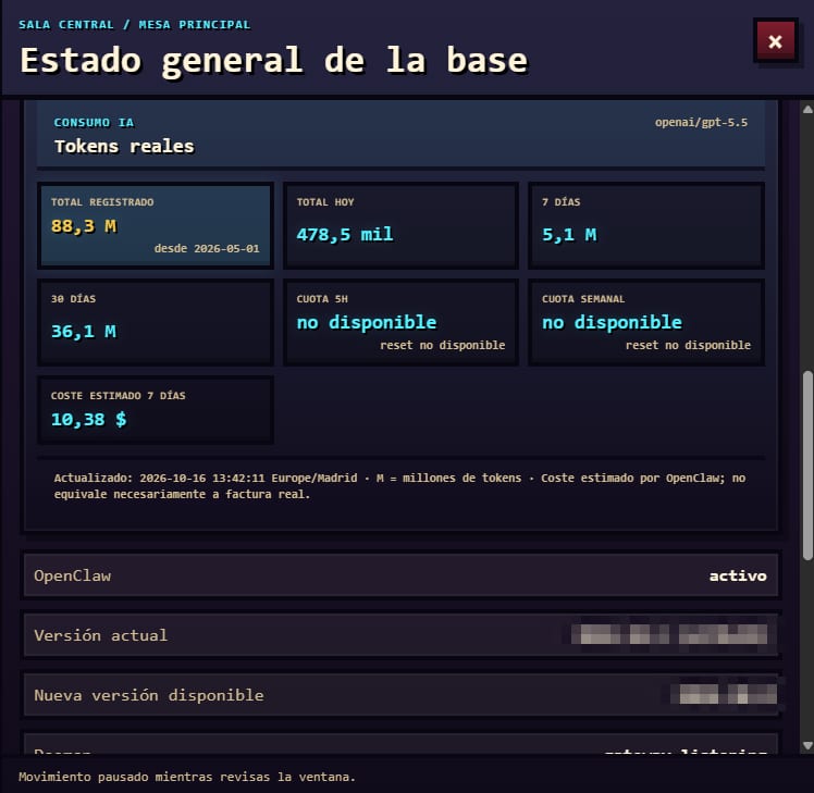 Captura de «Sala central» en el Jarvis Control Center, con los datos sensibles pixelados